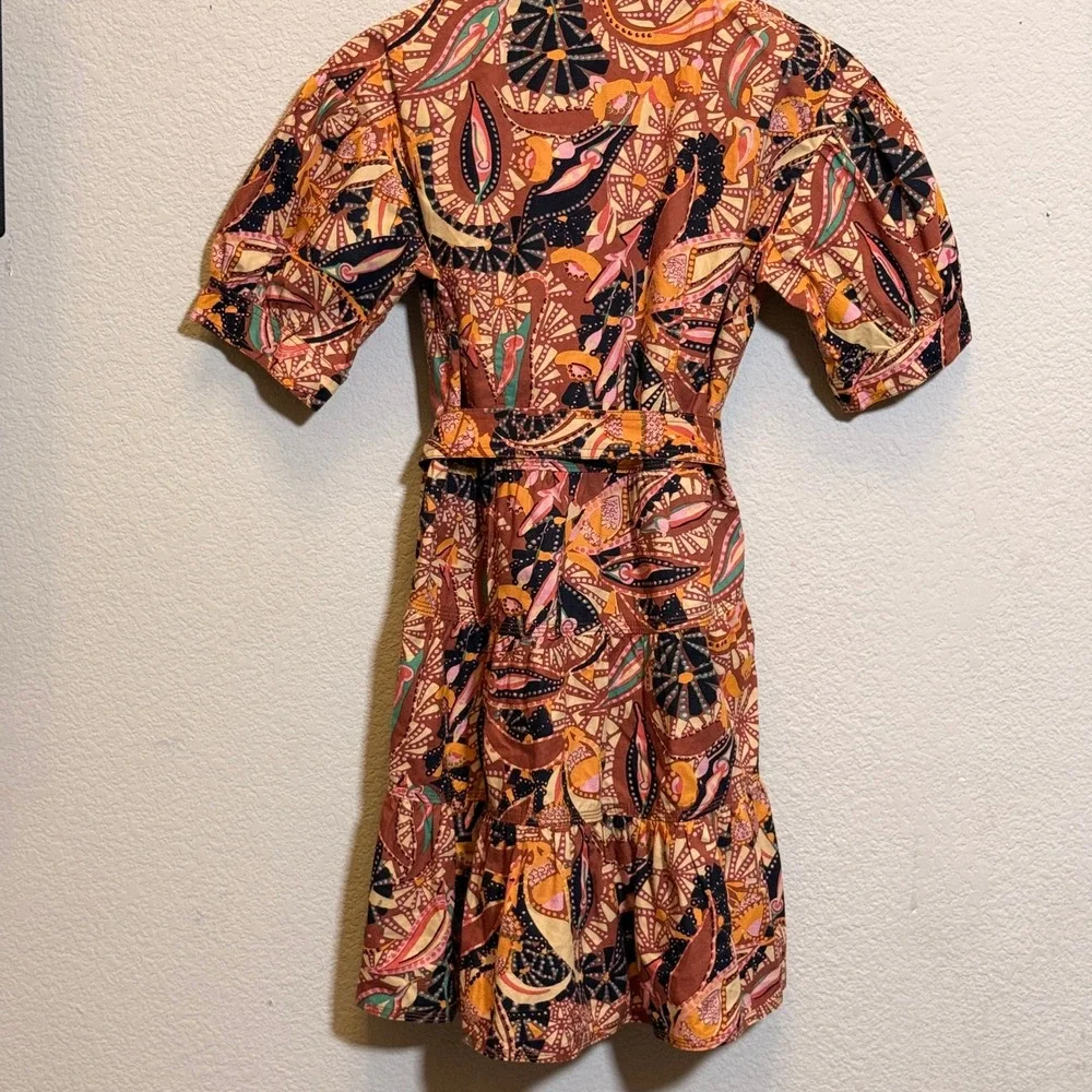 A.L.C. Maya Cotton Mini Dress Womens 8 Brown Abstract Floral Puff Sleeve Belted